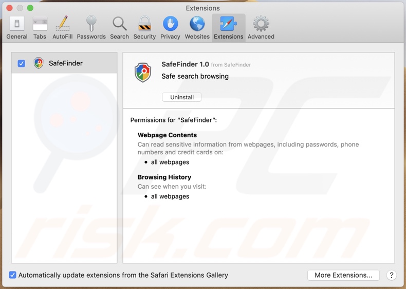 Safe Finder promoting search.getstranto.club installed onto Safari