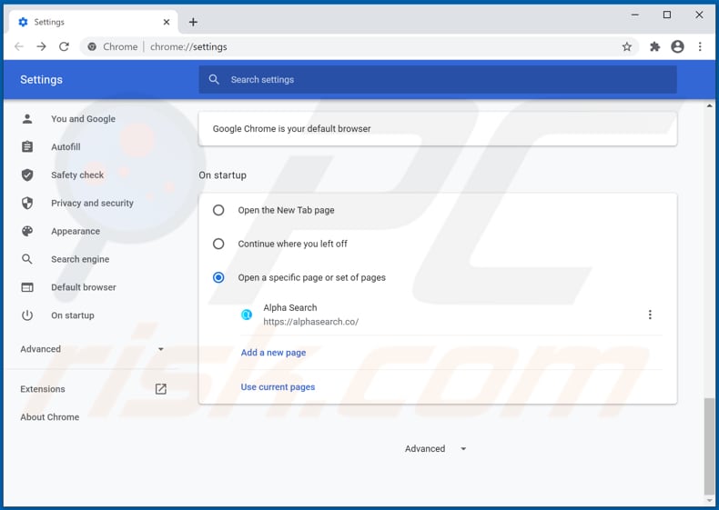 Alphasearch.co verwijderen van de startpagina van Google Chrome