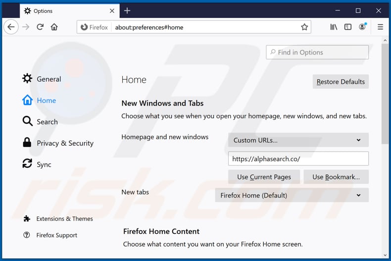 Alphasearch.co verwijderen van de startpagina van Mozilla Firefox