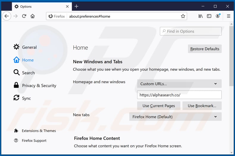 Alphasearch.co verwijderen van de startpagina van Mozilla Firefox