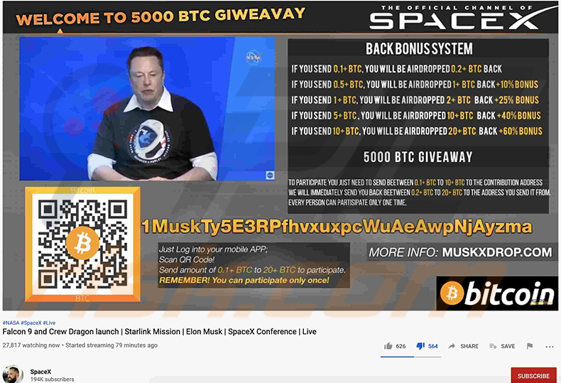 Elon Musk-video waarmee een BTC Giveaway-oplichting wordt gepromoot