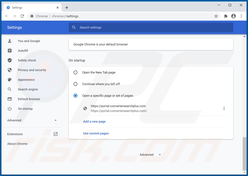 Removing convertersearchplus.com from Google Chrome homepage