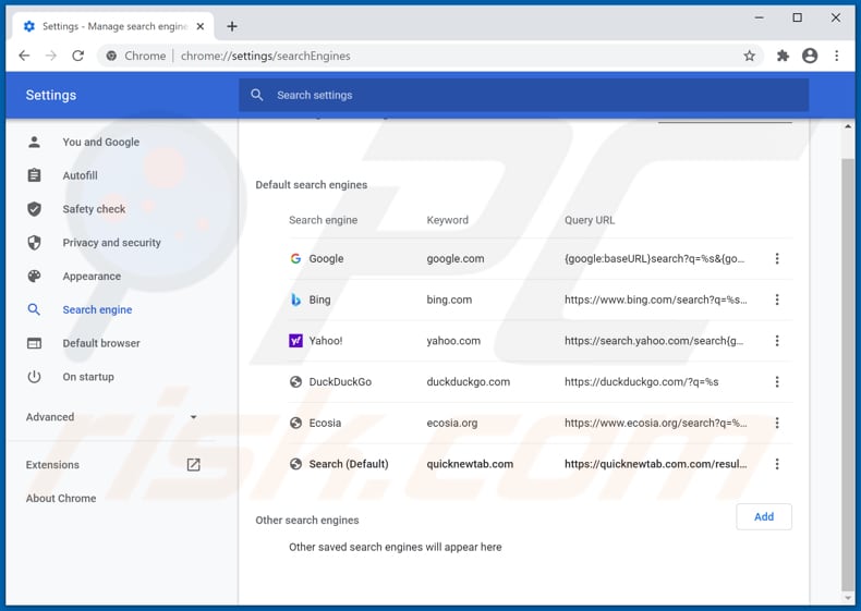 Quicknewtab.com uit de standaardzoekmachine van Google Chrome verwijderen