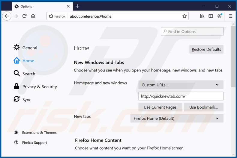 Verwijderen van quicknewtab.com uit Mozilla Firefox startpagina