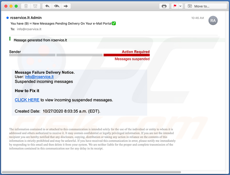 Spam-e-mail die wordt gebruikt om phishingwebsites te promoten (2020-10-27)