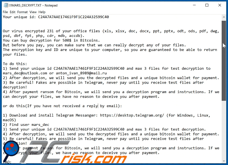 mars ransomware ransom note appearance