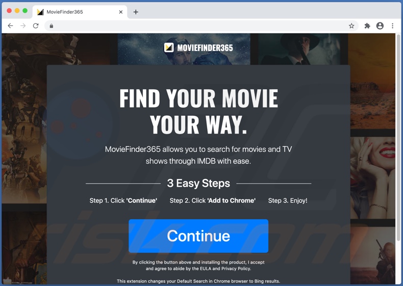 Dubieuze website die wordt gebruikt om de MovieFinder365-browserkaper te promoten