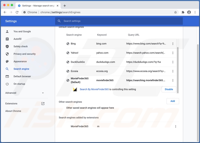 zoekmachine searching.moviefinder365.com is ingesteld als standaard op Google Chrome