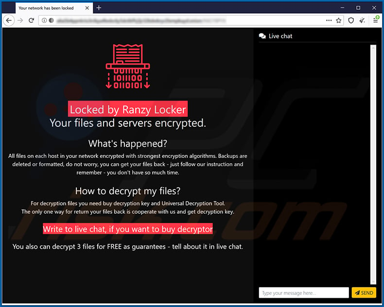 Ranzy Locker ransomware website in Tor browser