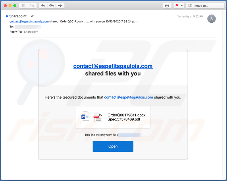 SharePoint spam email promoting a phishing site