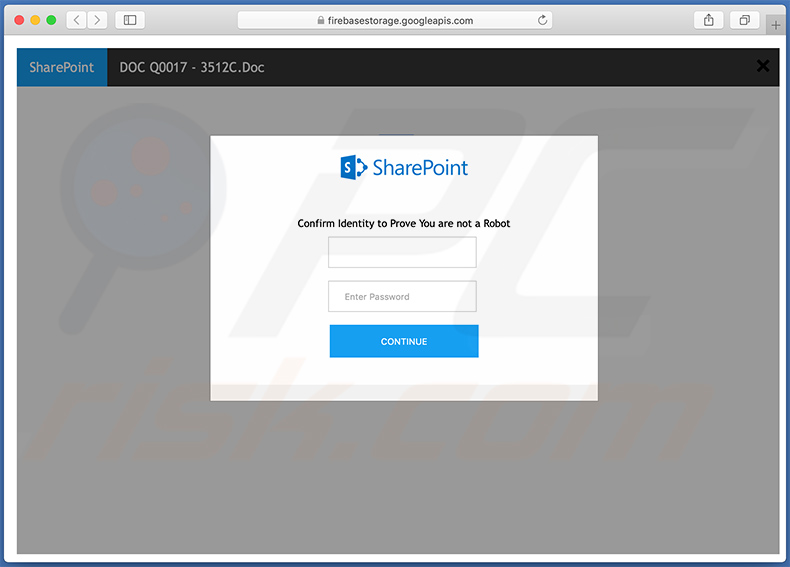 Fake SharePoint login site used for phishing purposes