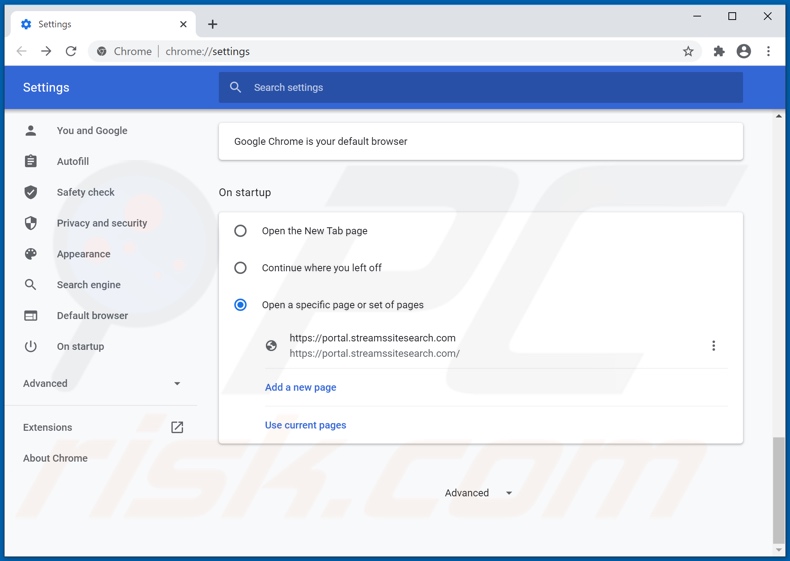 Verwijder streamssitesearch.com als startpagina in Google Chrome