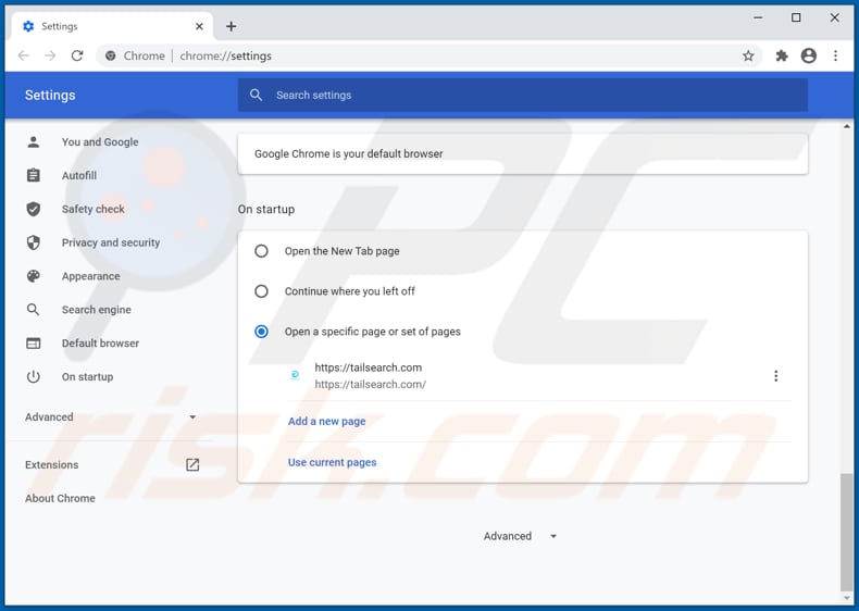 Removing tailsearch.com from Google Chrome homepage