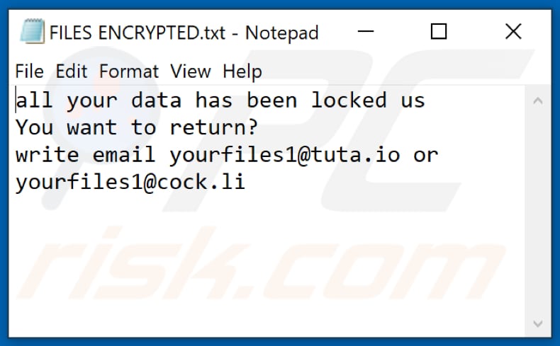 YUFL ransomware text file (FILES ENCRYPTED.txt)