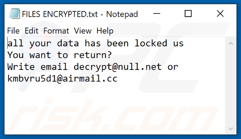 Zxcv ransomware text file (FILES ENCRYPTED.txt)