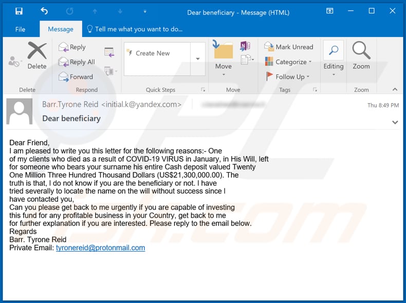 beneficiary inheritance email scam covid-thema variant