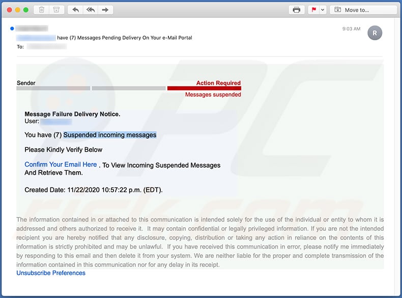Spam-e-mail die een phishingwebsite promoot (2020-11-23)