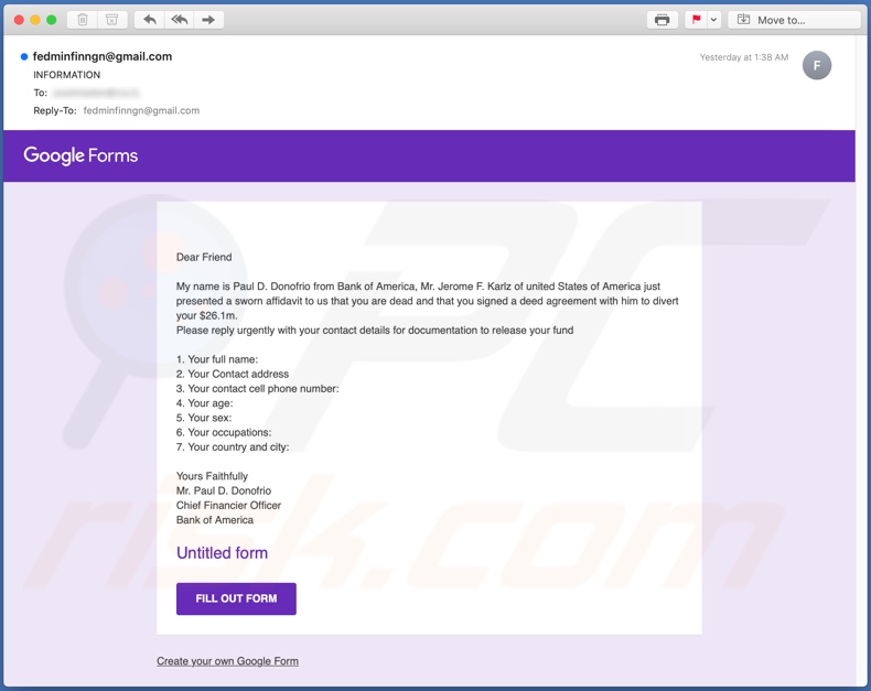 Google Forms-enquêt gepromoot door de tweede variant van deze oplichtingsmail 