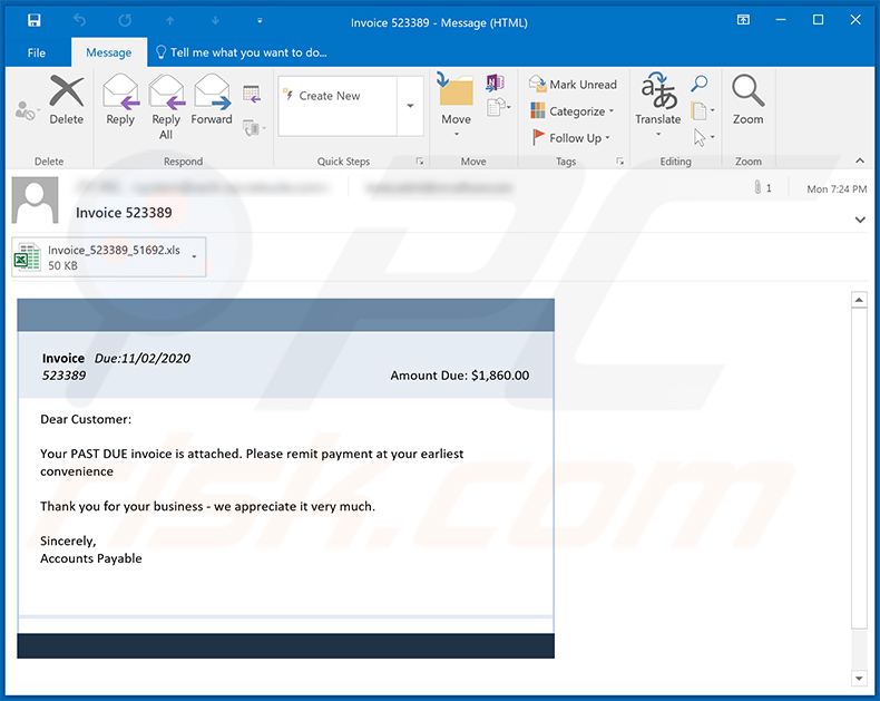 Spam e-mail met factuurthema gebruikt om een schadelijk MS Excel-document te verspreiden (2020-11-03)