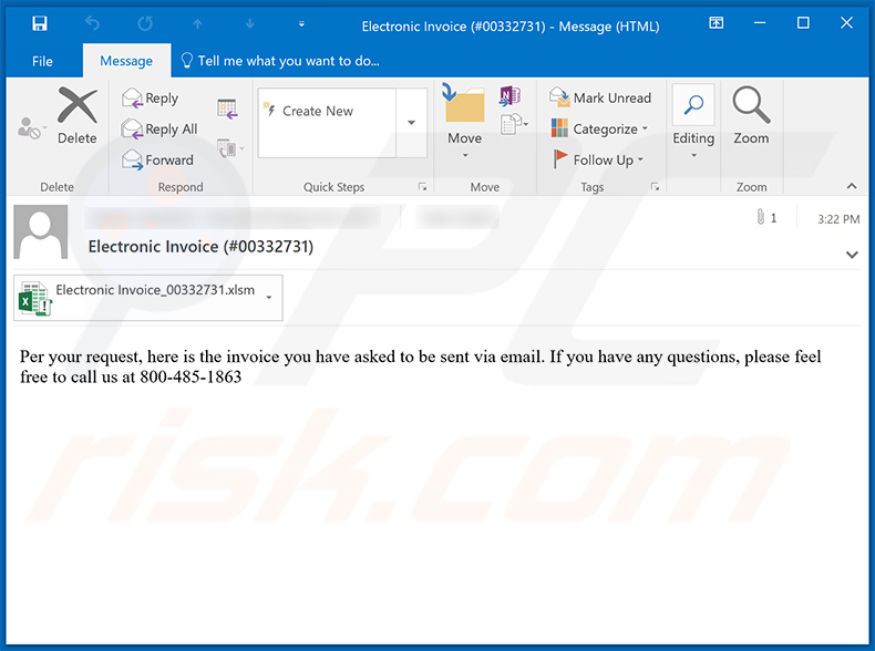 Invoice-themed spam email used to spread a malicious MS Excel document which injects Dridex malware into the system