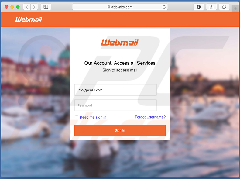 Screenshot van de gepromote phishing-website (abb-nks.com) in de mail-quota spammail
