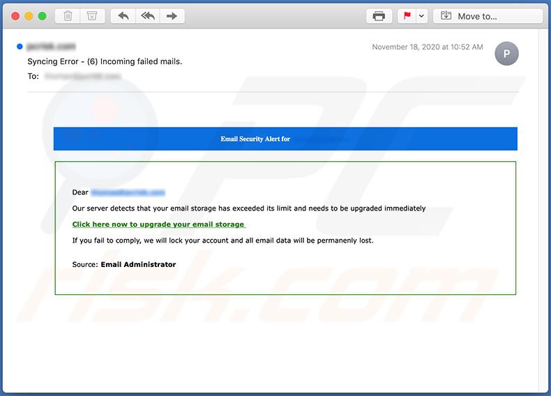 Mail quota-spammail promoot een phishing-website