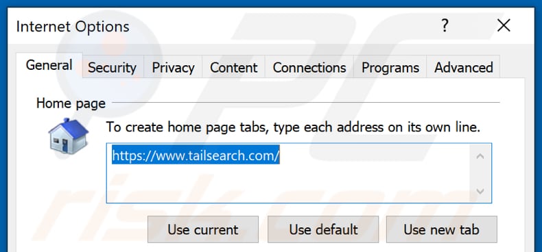 Removing tailsearch.com from Internet Explorer homepage