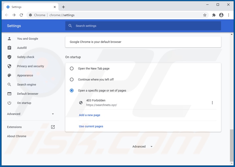 Searchchnets.xyz verwijderen uit de startpagina van Google Chrome