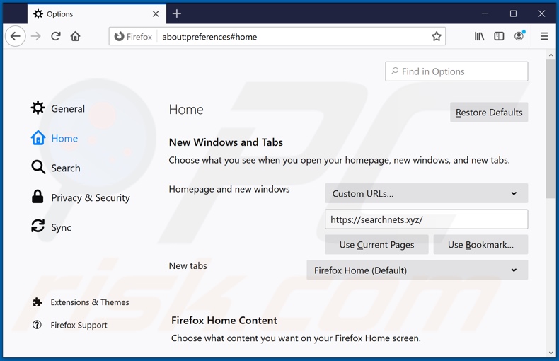 Verwijderen van searchnets.xyz uit Mozilla Firefox startpagina