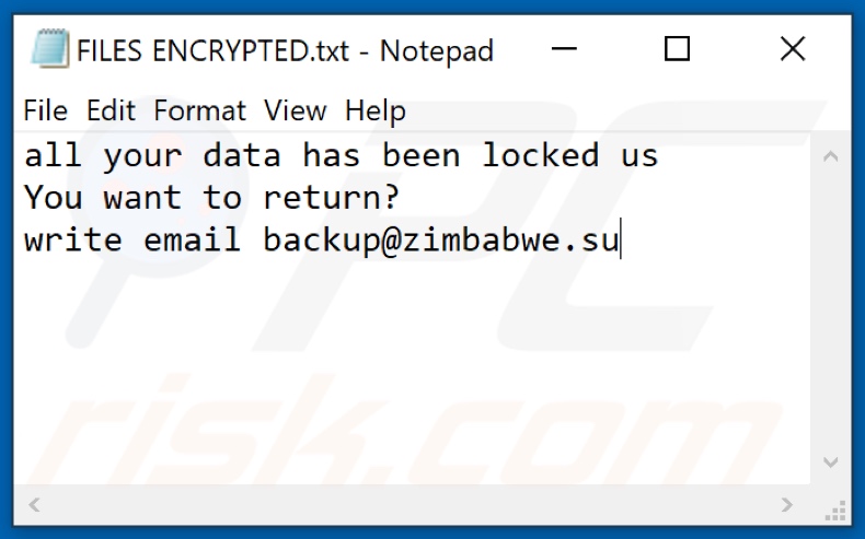 Zimba ransomware text file (FILES ENCRYPTED.txt)