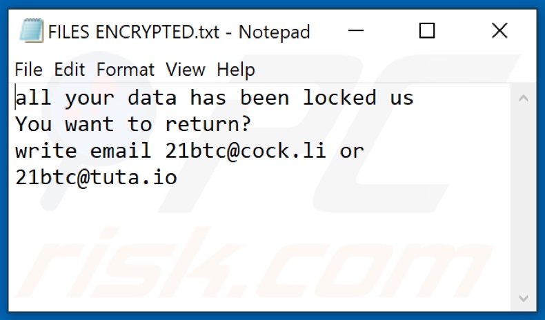 21btc ransomware tekstbestand (FILES ENCRYPTED.txt)