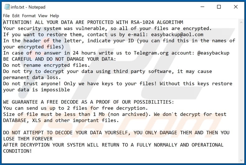 Easy ransomware tekstbestand (info.txt)