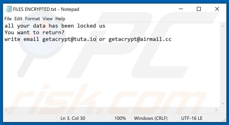 Gac ransomware tekstbestand (FILES ENCRYPTED.txt)