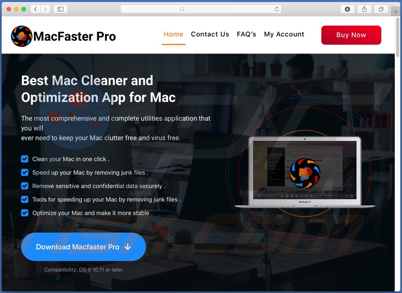 Website die de ongewenste app Macfaster Pro promoot