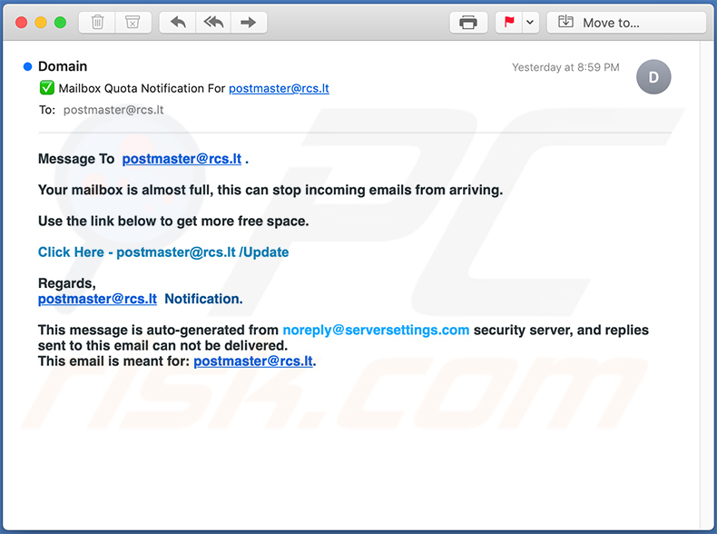 een mail quota-spammail die een phishing-website promoot