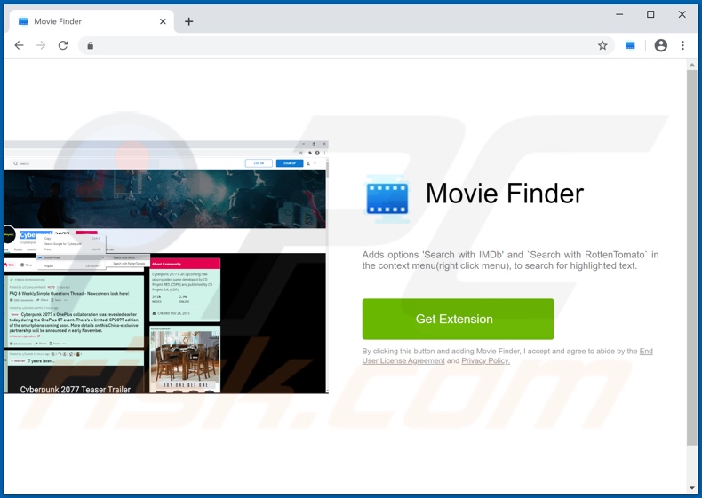 Website die de Movie Finder adware promoot