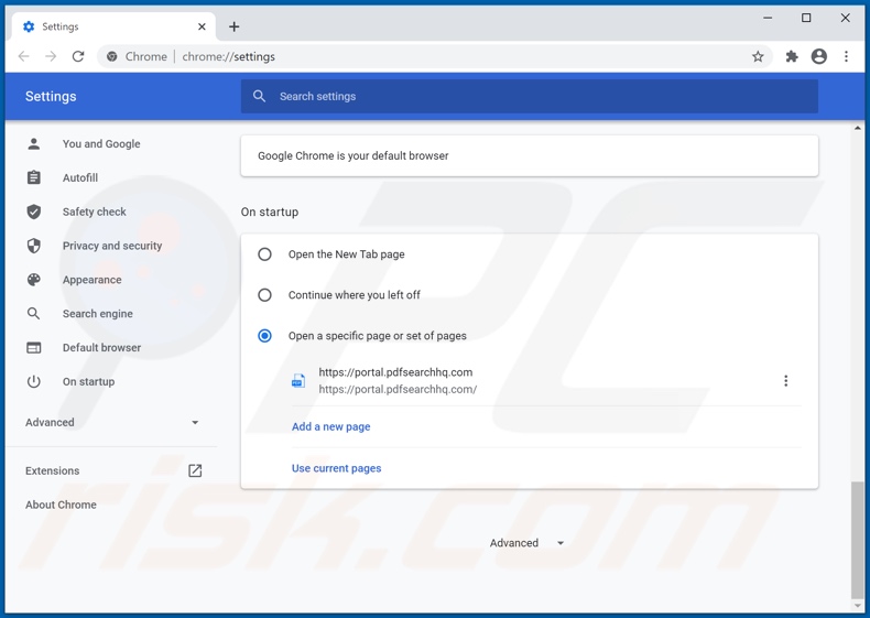 Verwijder de pdfsearchhq.com Google Chrome startpagina