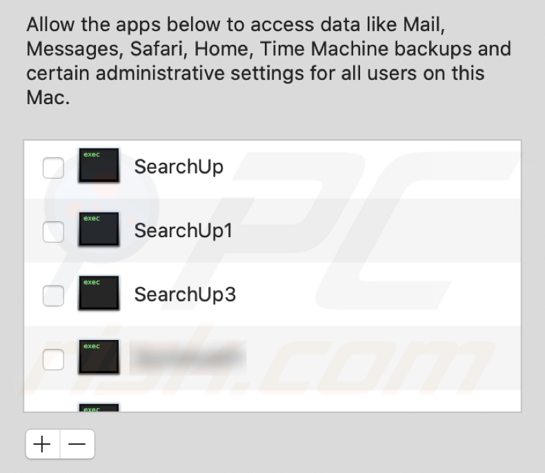 SearchUp adware asking permission for full disk access
