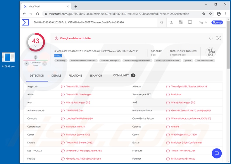 Snake malware gedetecteerd op VirusTotal