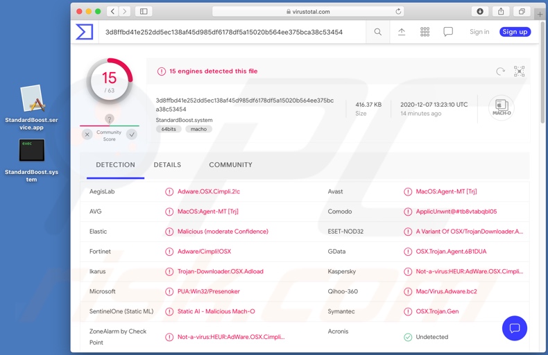 StandardBoost adware gedetecteerd door VirusTotal