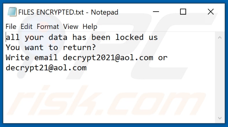 2021 ransomware teksbtestand (FILES ENCRYPTED.txt)