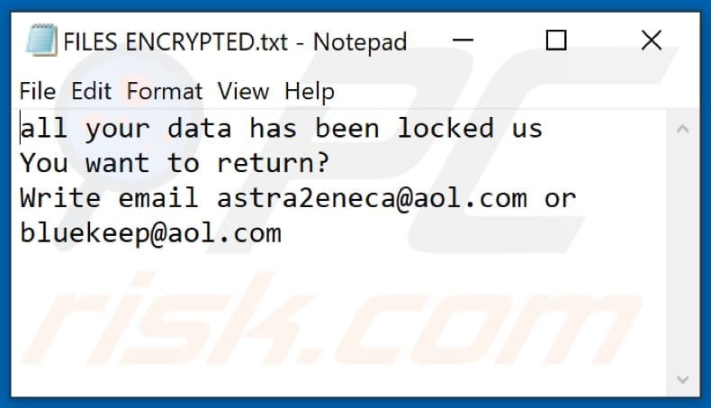 Aol ransomware tekstbestand (FILES ENCRYPTED.txt)