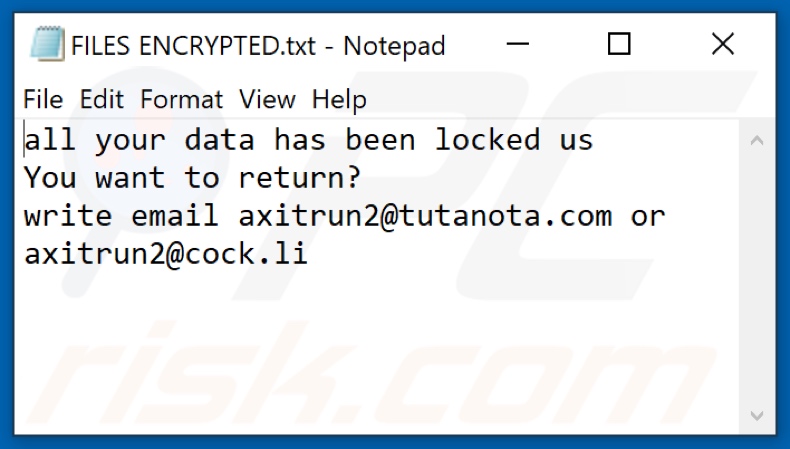 AXI ransomware tekstbestand (FILES ENCRYPTED.txt)