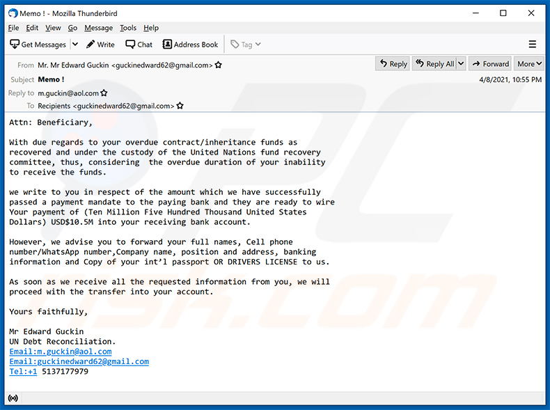 Beneficiary/Inheritance-themed spam email (2021-04-12)