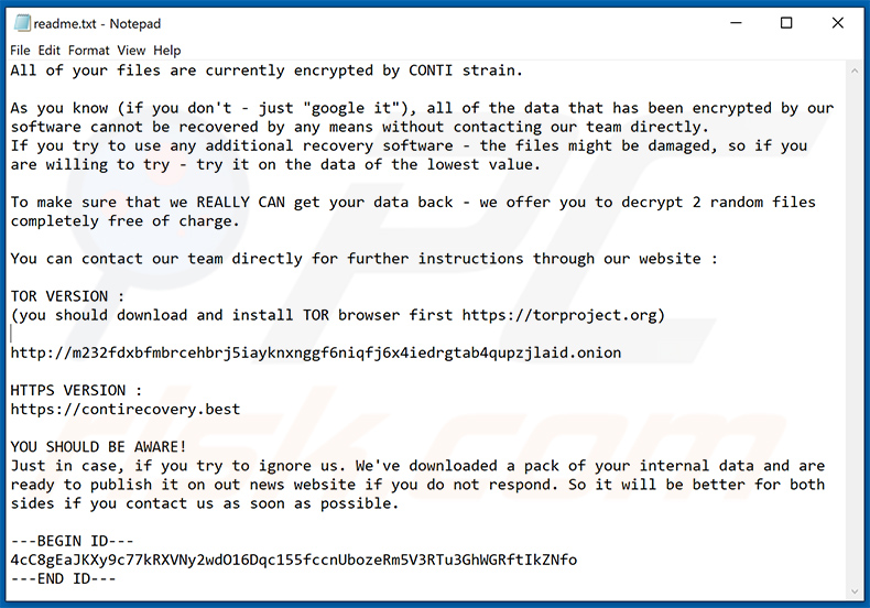 CONTI (KKBKR) losgeld bericht (readme.txt)