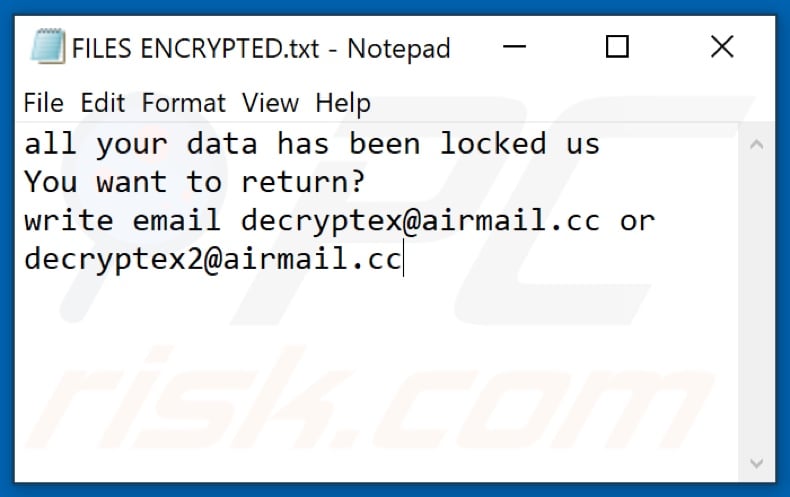 Tekstbestand Dexx ransomware (FILES ENCRYPTED.txt)