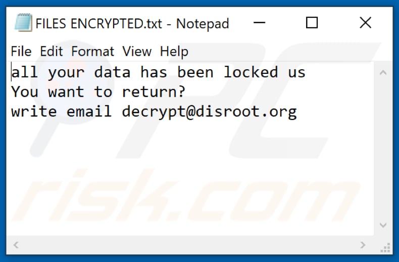 Dis ransomware tekstbestand (FILES ENCRYPTED.txt)