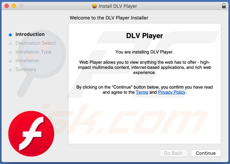 Misleidende installer die de DLVPlayer adware promoot