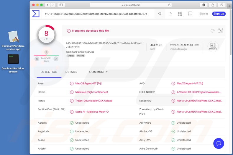 DominantPartition adware gedetecteerd door VirusTotal