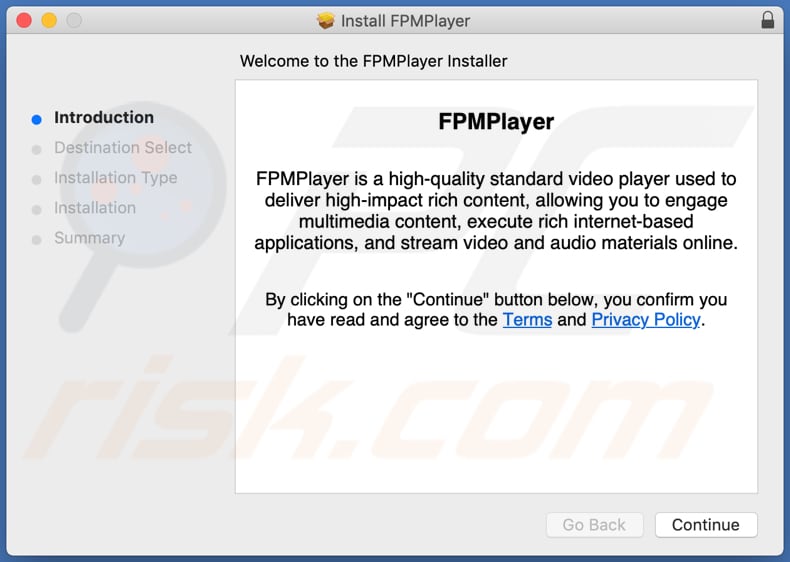 Misleidende installer die de FPMPlayer adware promoot